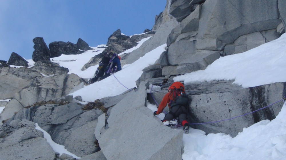 Simul-climbing through mixed terrain at 5,000' west of Haines