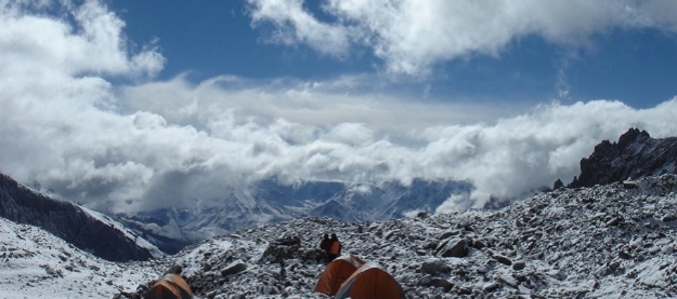 A dusting of snow blankets Camp 2 on Aconcagua