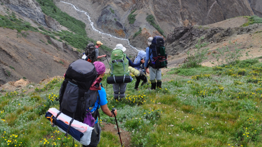 Descending some steeper terrain off of Atlas Pass - where it can snow every month of the year