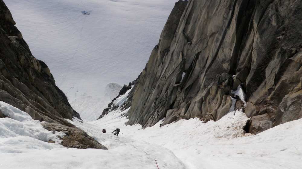 Climbing a couliour in the Cathedral Peaks outside of Haines