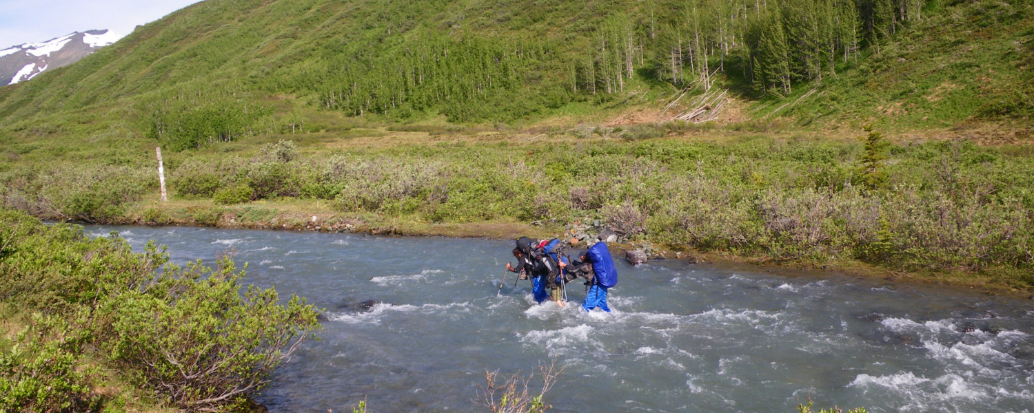 Group crossing a creek on the Cottonwood Trail, Kluane National Park, Yukon Territory