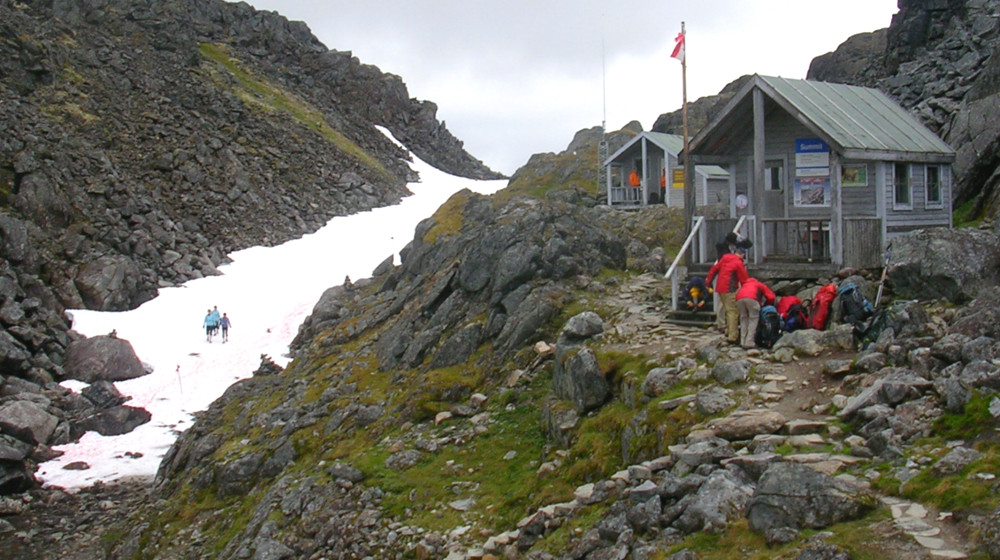 Warming hut near the Chilkoot Pass in the clouds