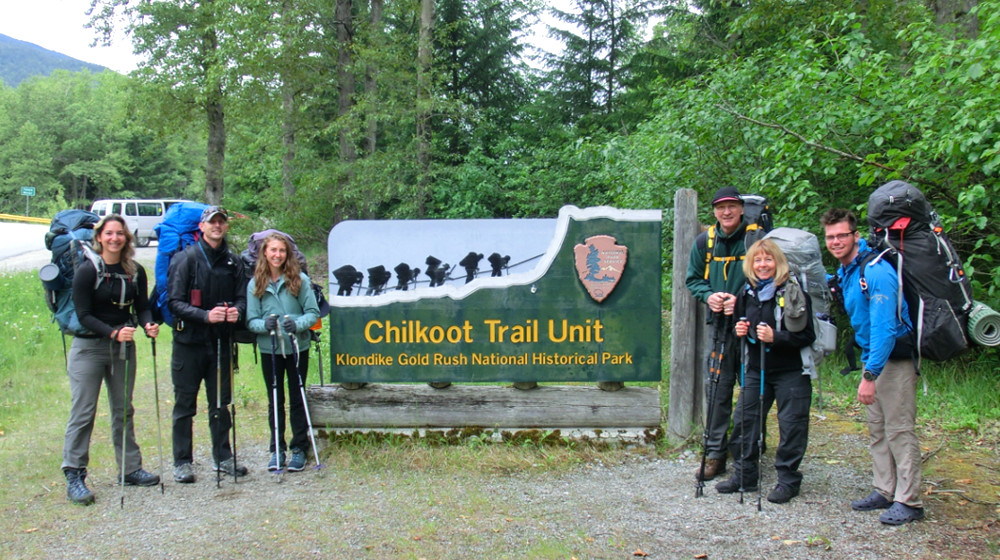 Group at the Chilkoot trailhead in Dyea, along the Taiya River