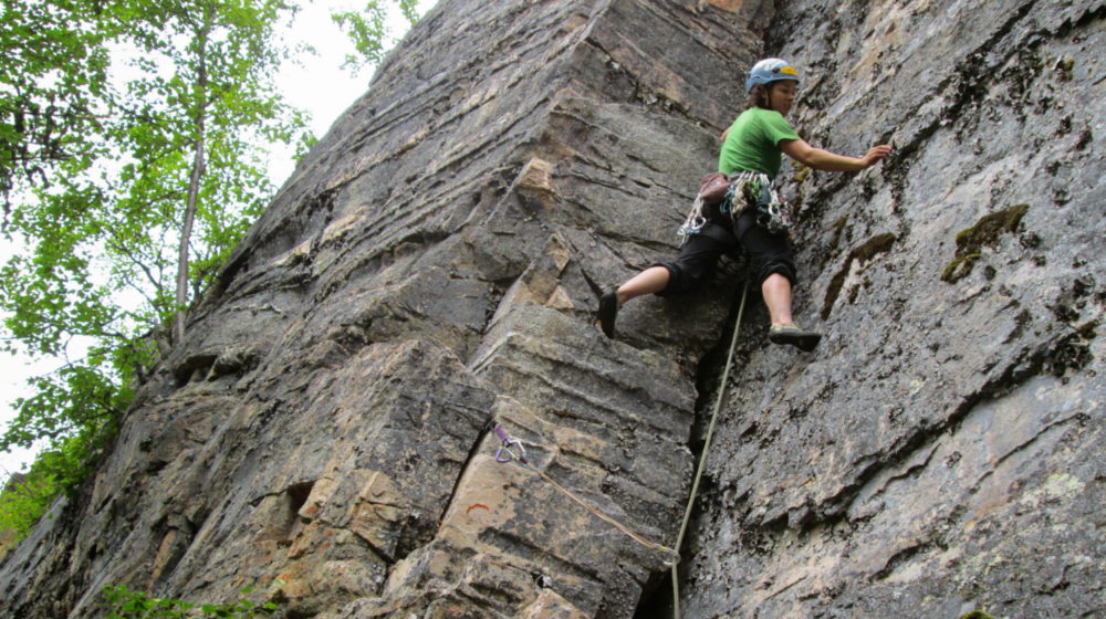 Leading up a 5.8 corner at Porcupine Crag