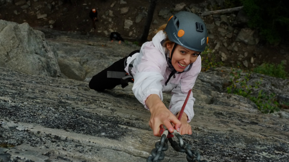 Reaching for the top!  Numerous rock routes in the area surrounding Skagway